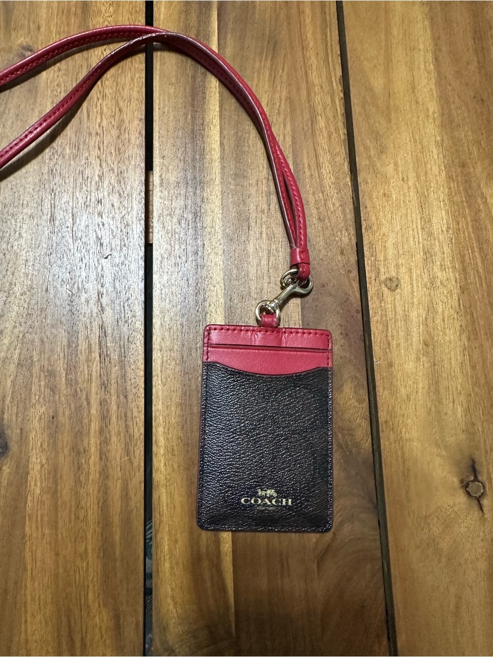 Coach Two-Tone Leather ID Lanyard in Red and Dark Brown